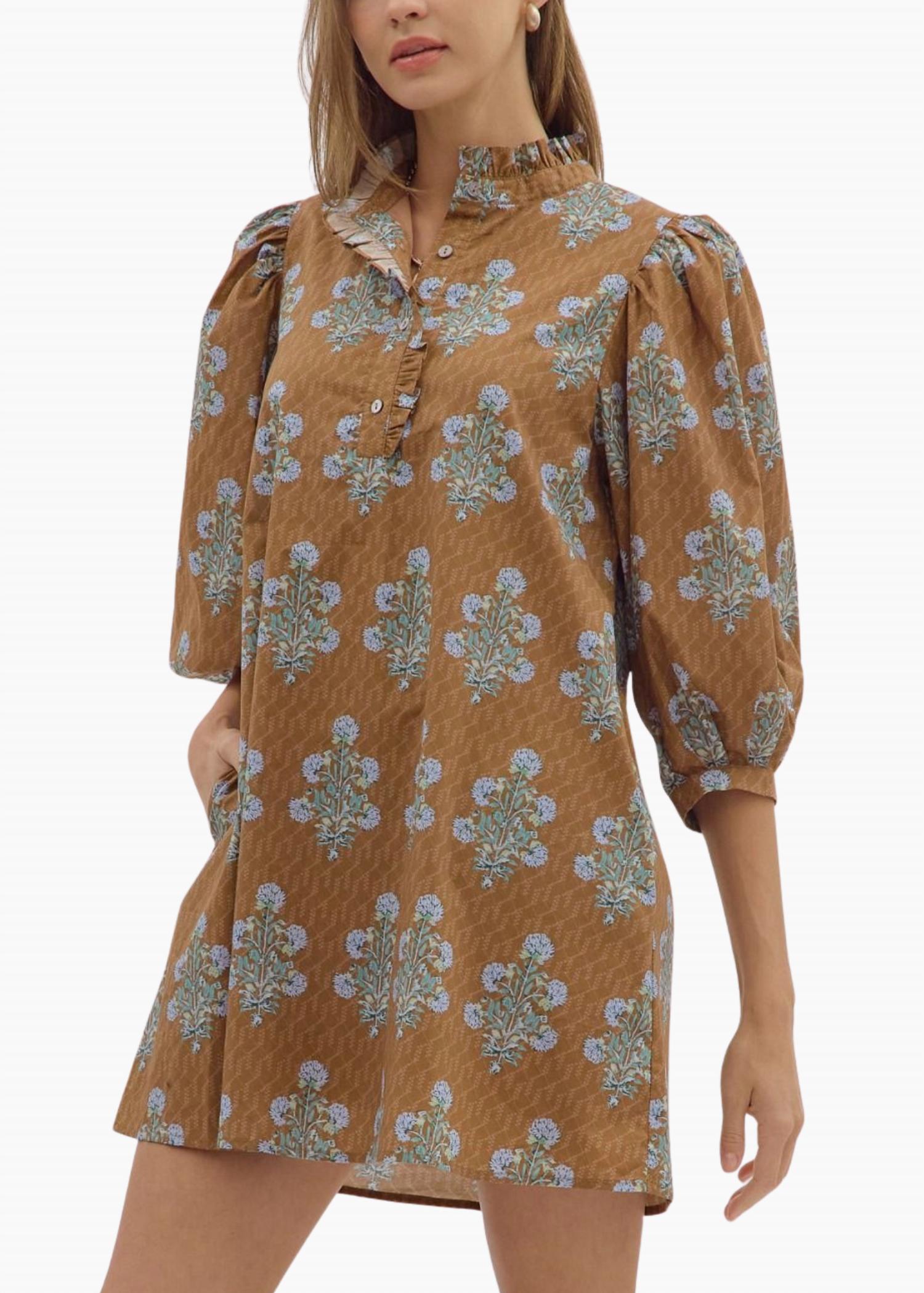 Leena 3/4 Sleeve Mini Dress In Camel