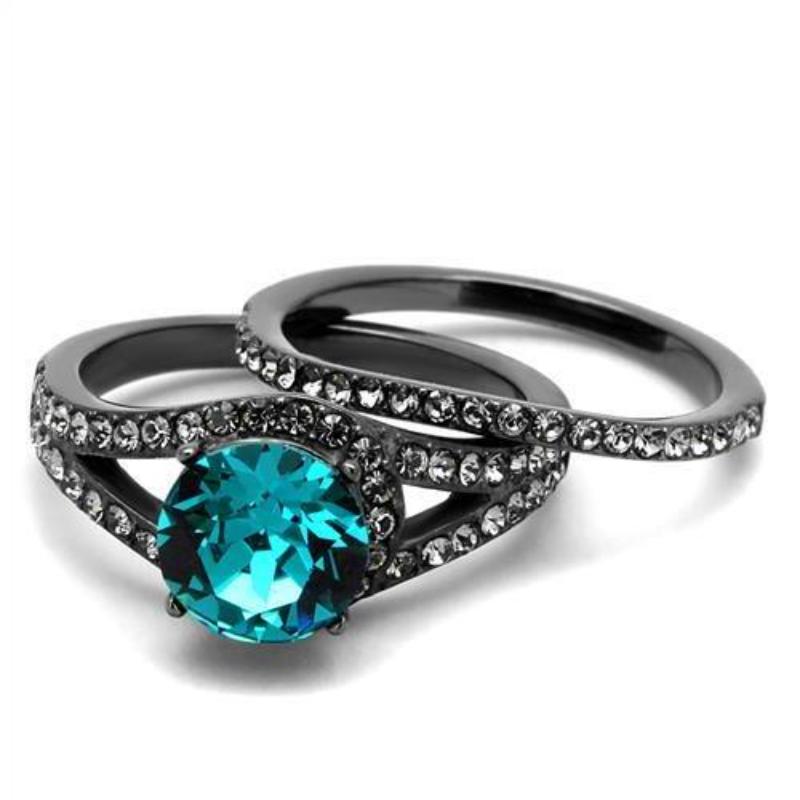 IP Light Black Stainless Steel Ring with Top Grade Crystal in Blue Zircon