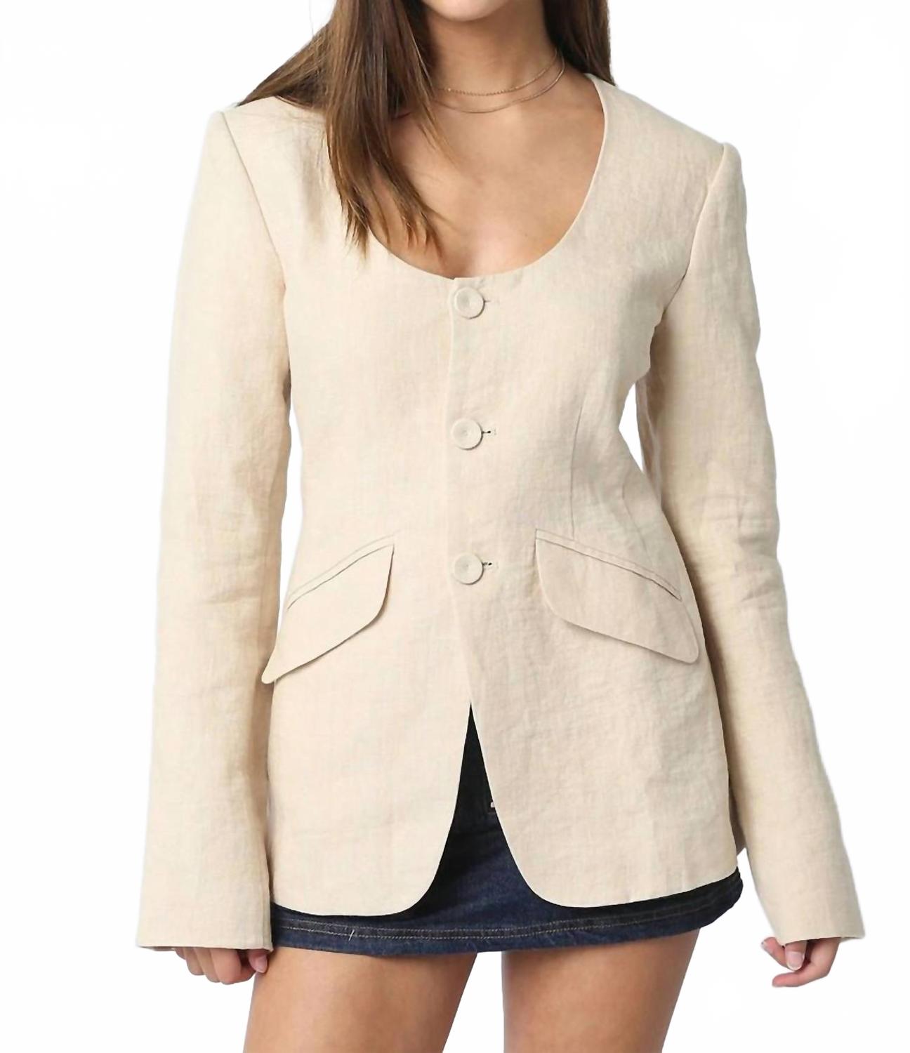 Linen Scoop Neck Blazer In Natural