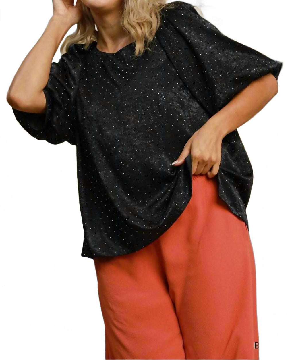 Satin Rhinestone Embellished Blouse With Puff Sleeves In Black