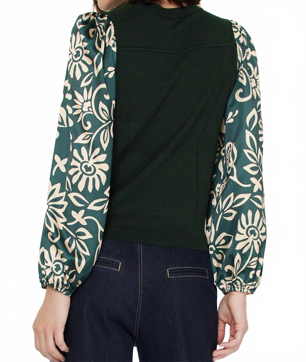 Mandarin Collar Combo Sweater Top In Green Multi