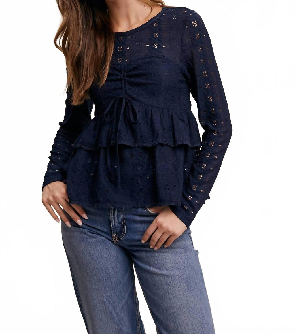 Stretch Lace Tiered Blouse With Drawstring Detail In Navy