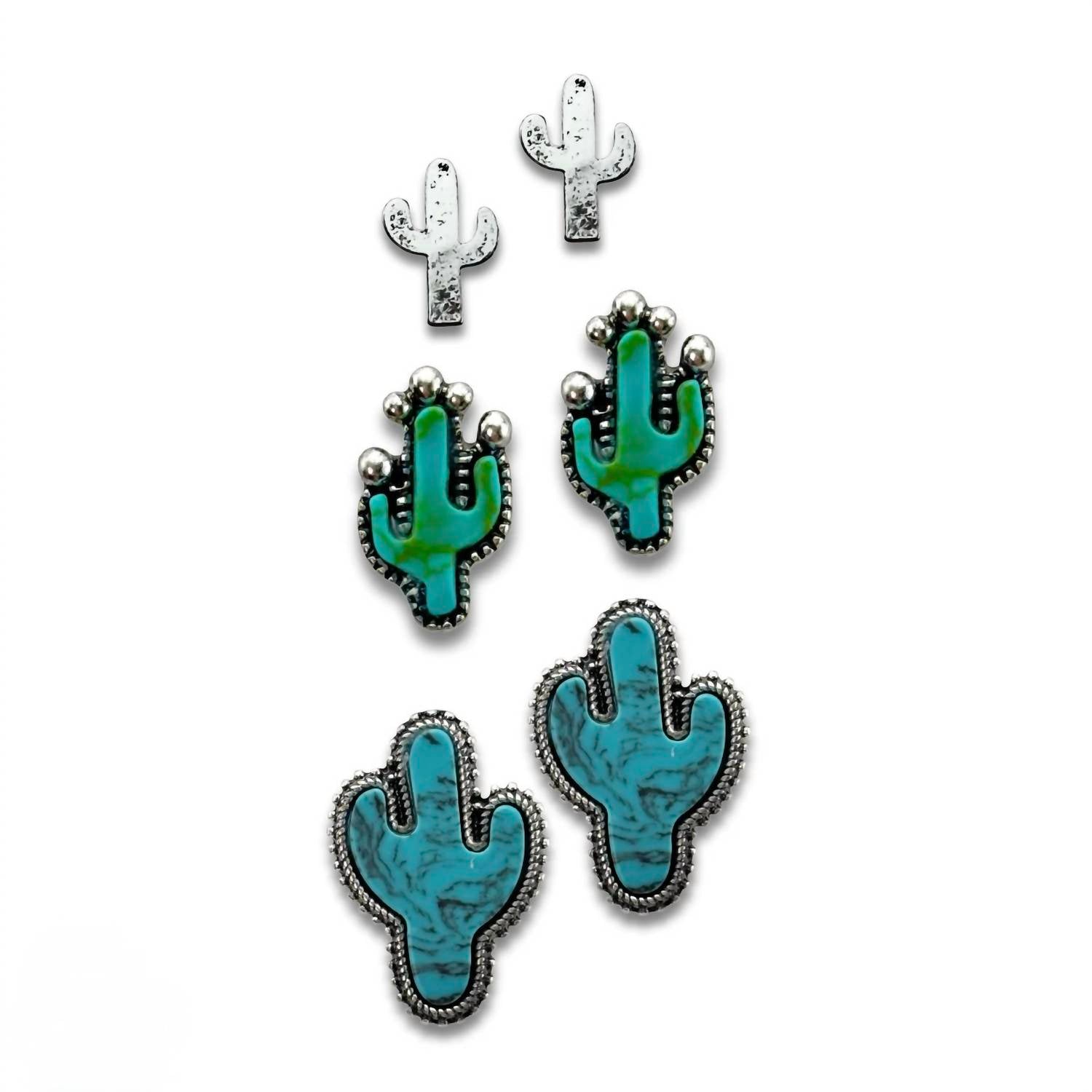 Women's Cactus Three Pairs Earring Set In Turquoise Silver
