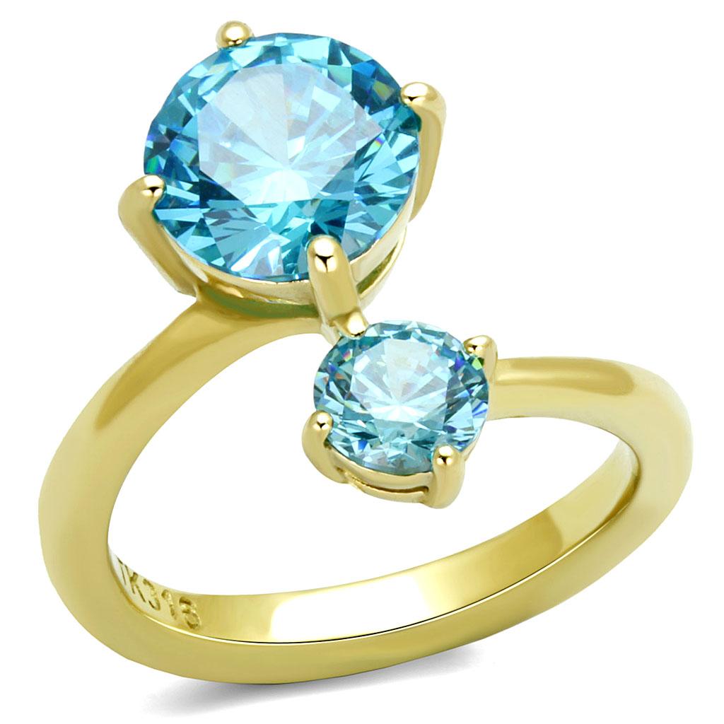 IP Gold(Ion Plating) Stainless Steel Ring with AAA Grade CZ in Sea Blue