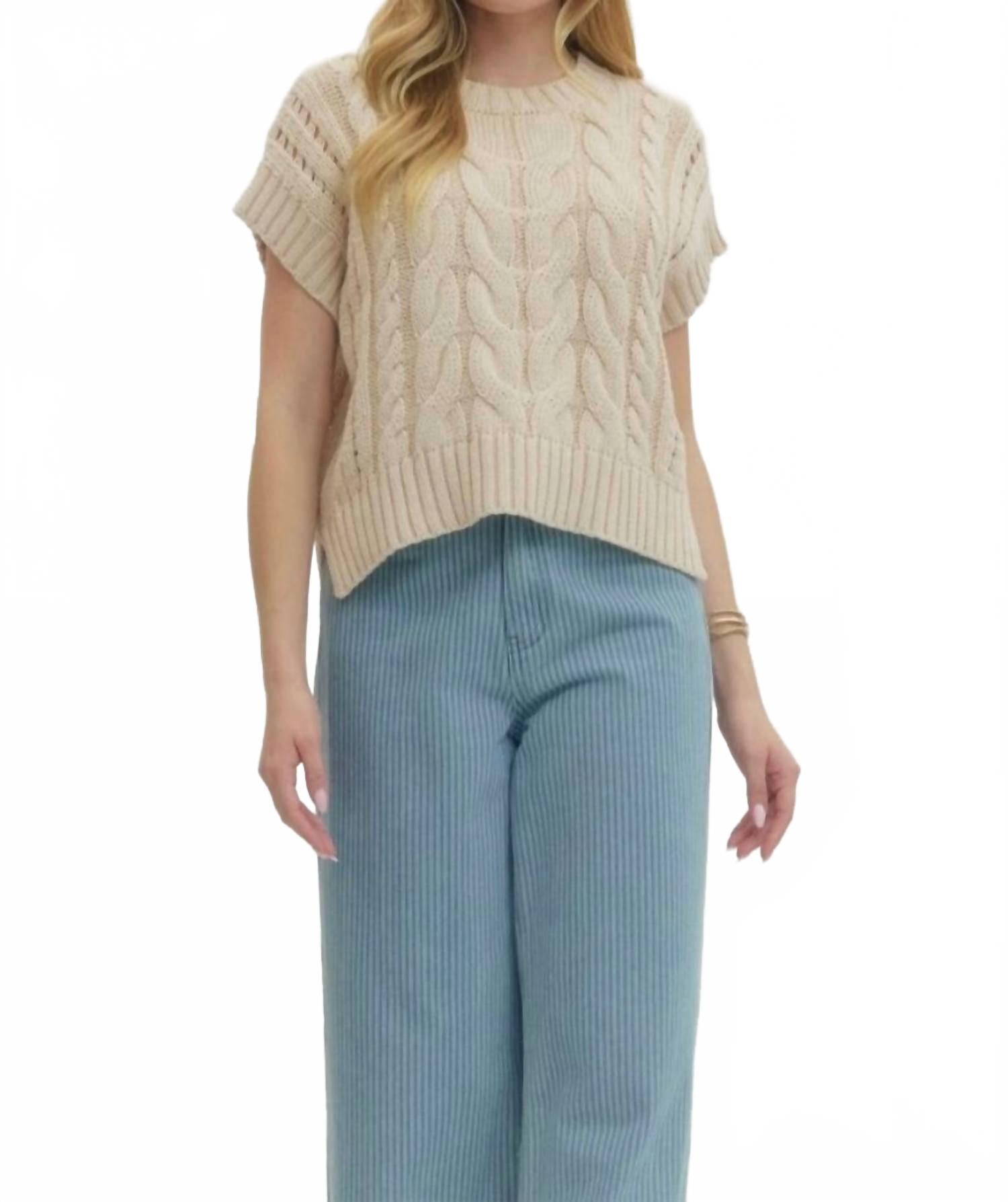 Alice Cable Knit Short Sleeve Sweater In Oatmeal