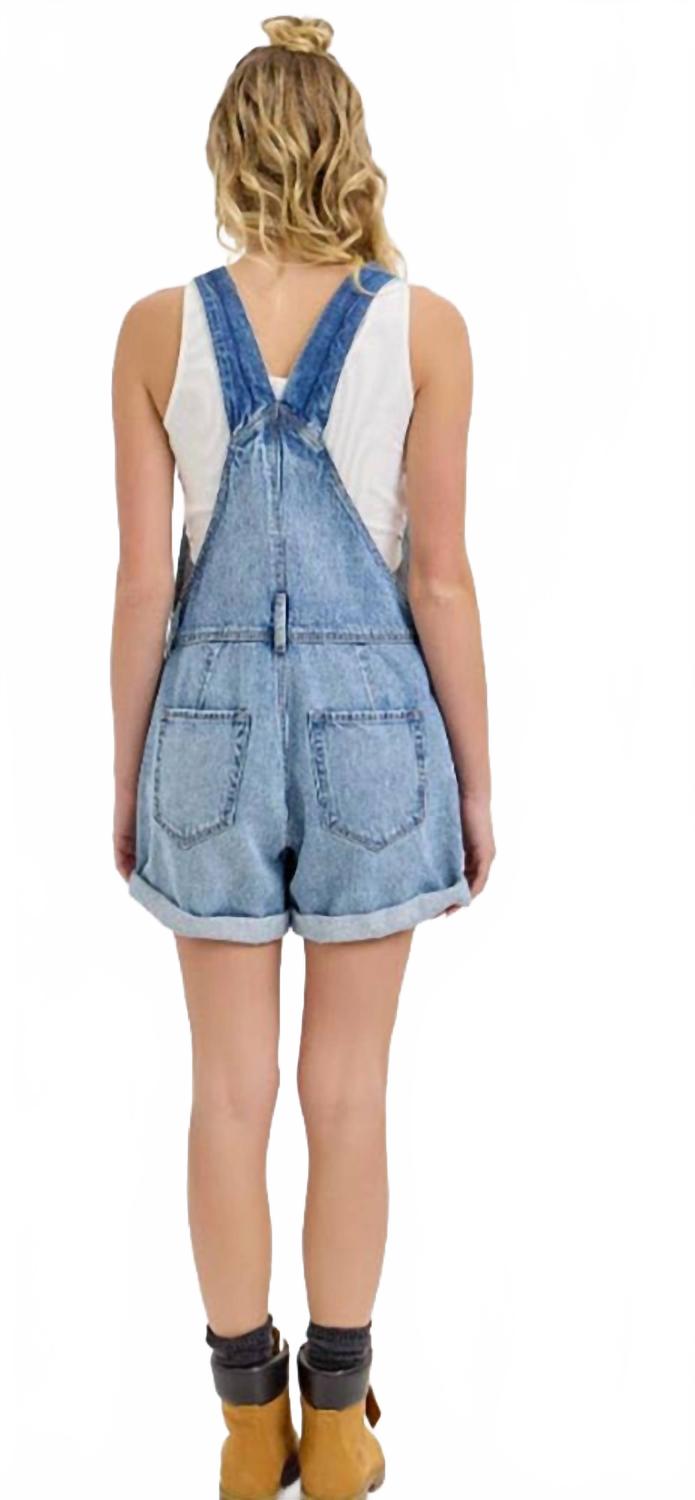 High-Rise Denim Shortall With Rolled Cuff Romper In Medium Blue