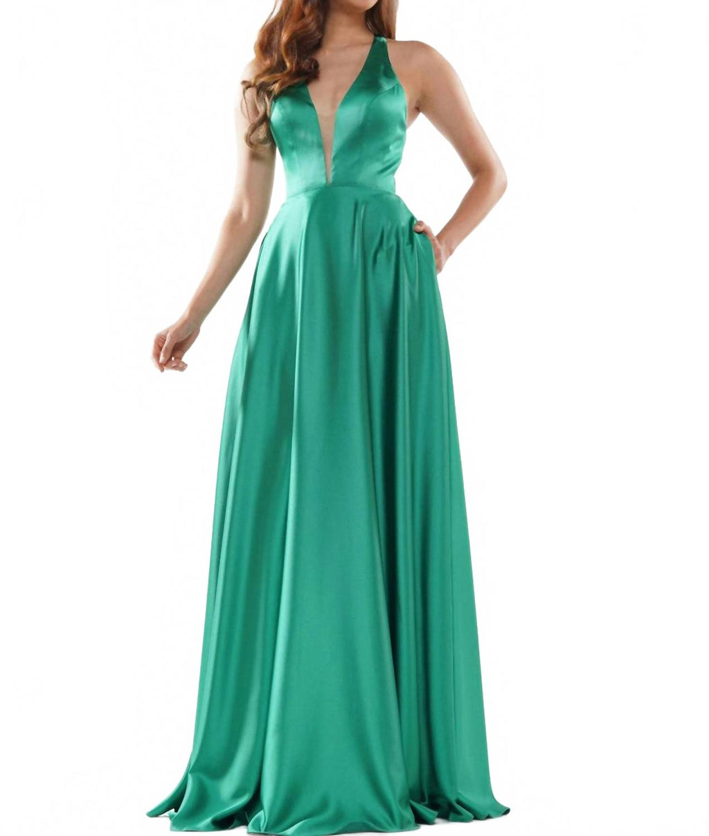 A-Line Satin Gown In Emerald