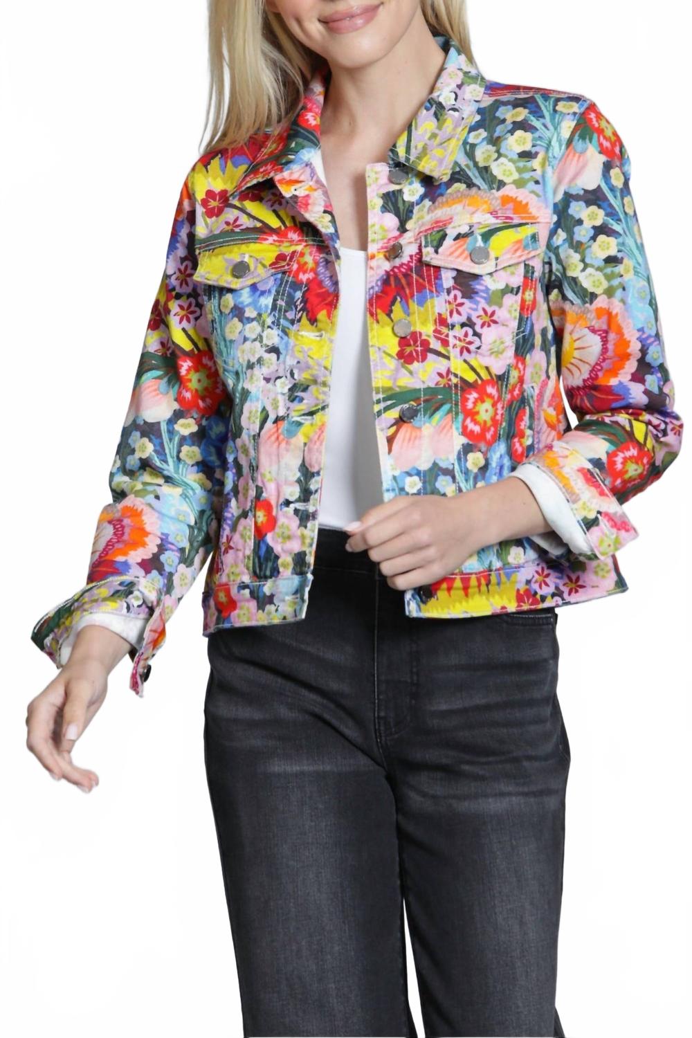 Printed Stretch Denim Trucker Jacket In Painted Meadow