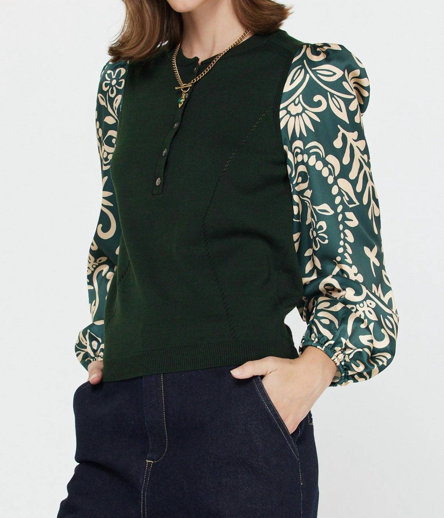 Mandarin Collar Combo Sweater Top In Green Multi