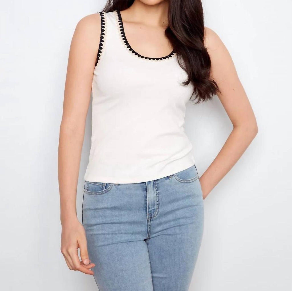 Knit Tank Top With Crochet Detail In Ecru
