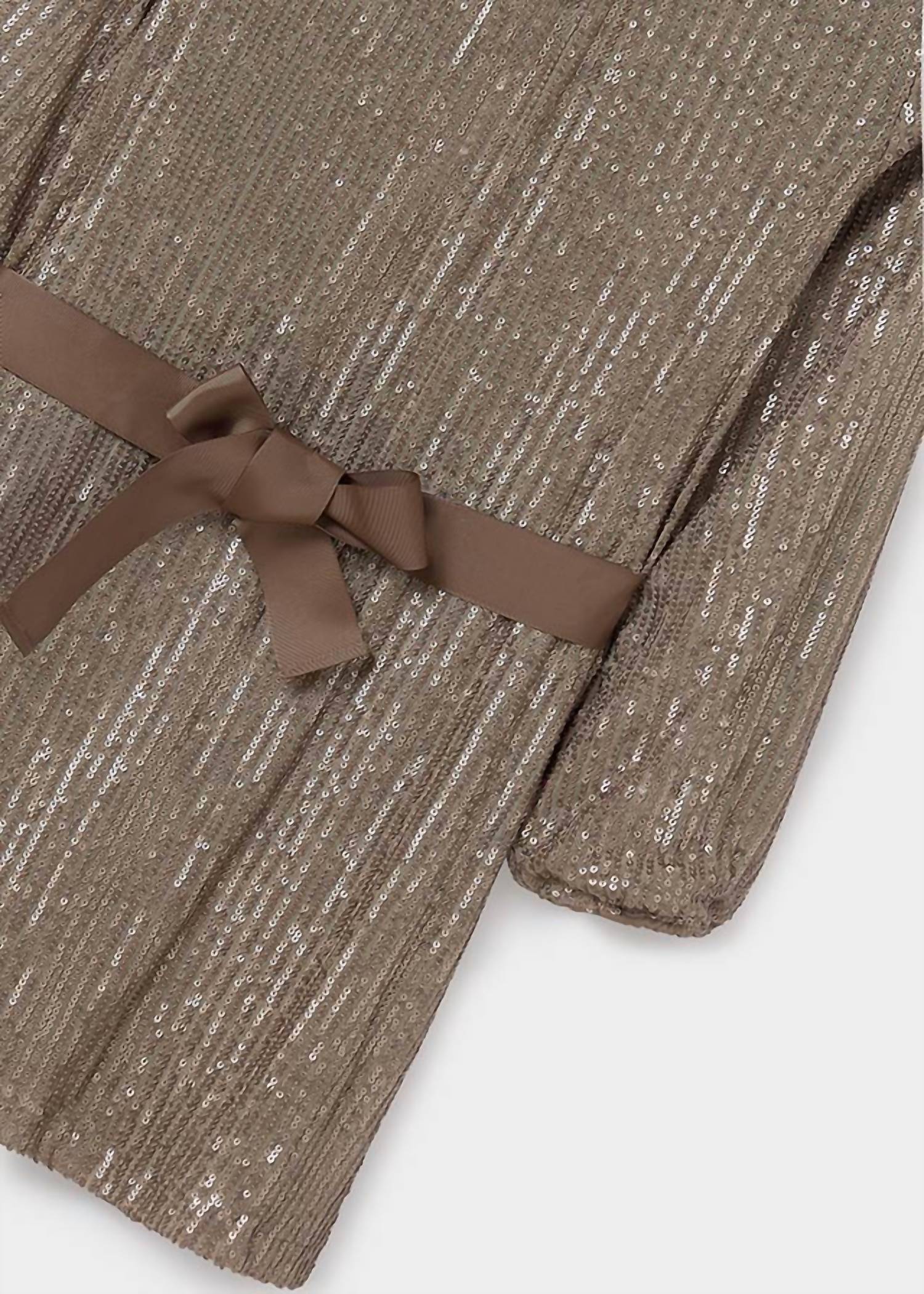 Girls Sequin Dress With Belt In Beige
