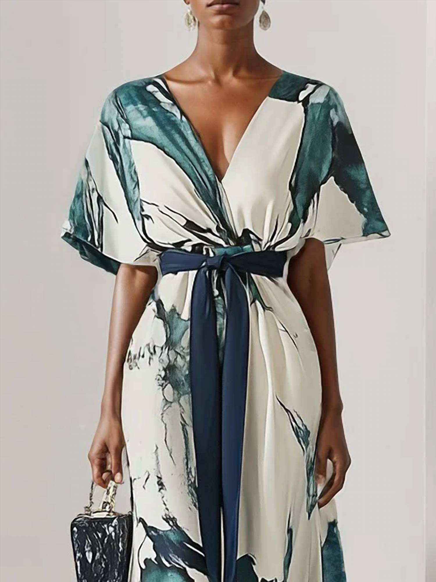 Chiffon V-Neck Short Sleeve A-Line Maxi Dress In White Blue