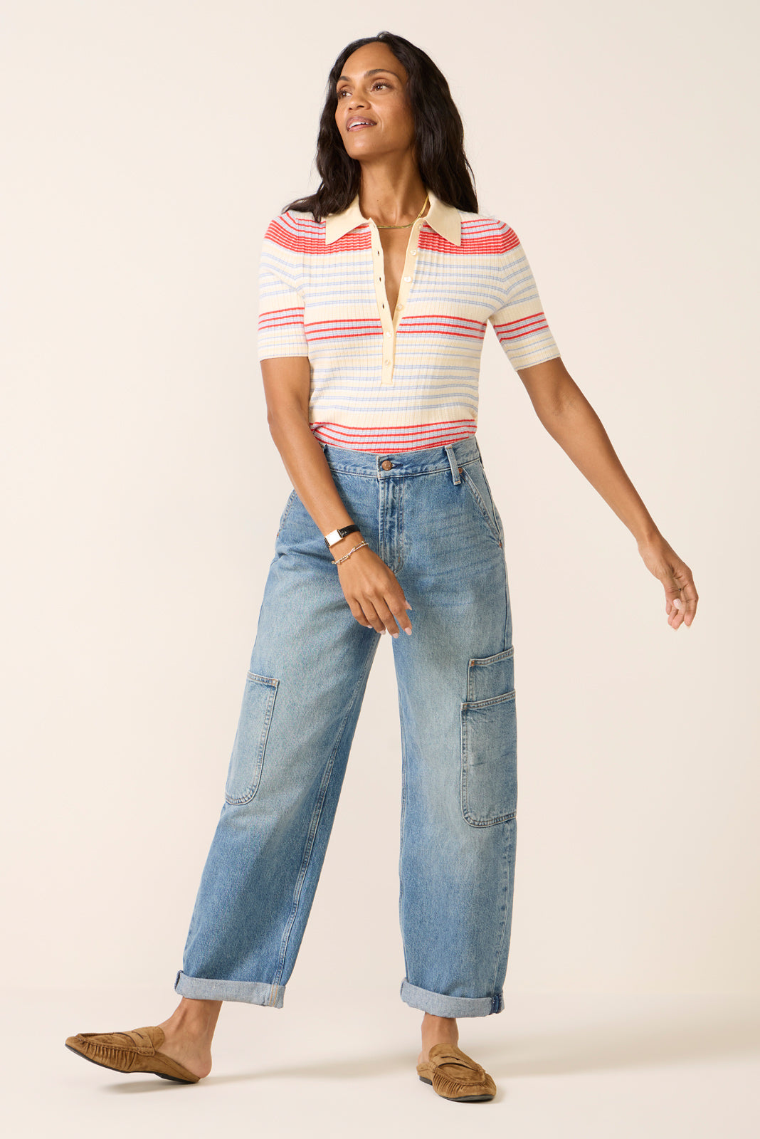 Women's Giselle Textured Striped Polo Top