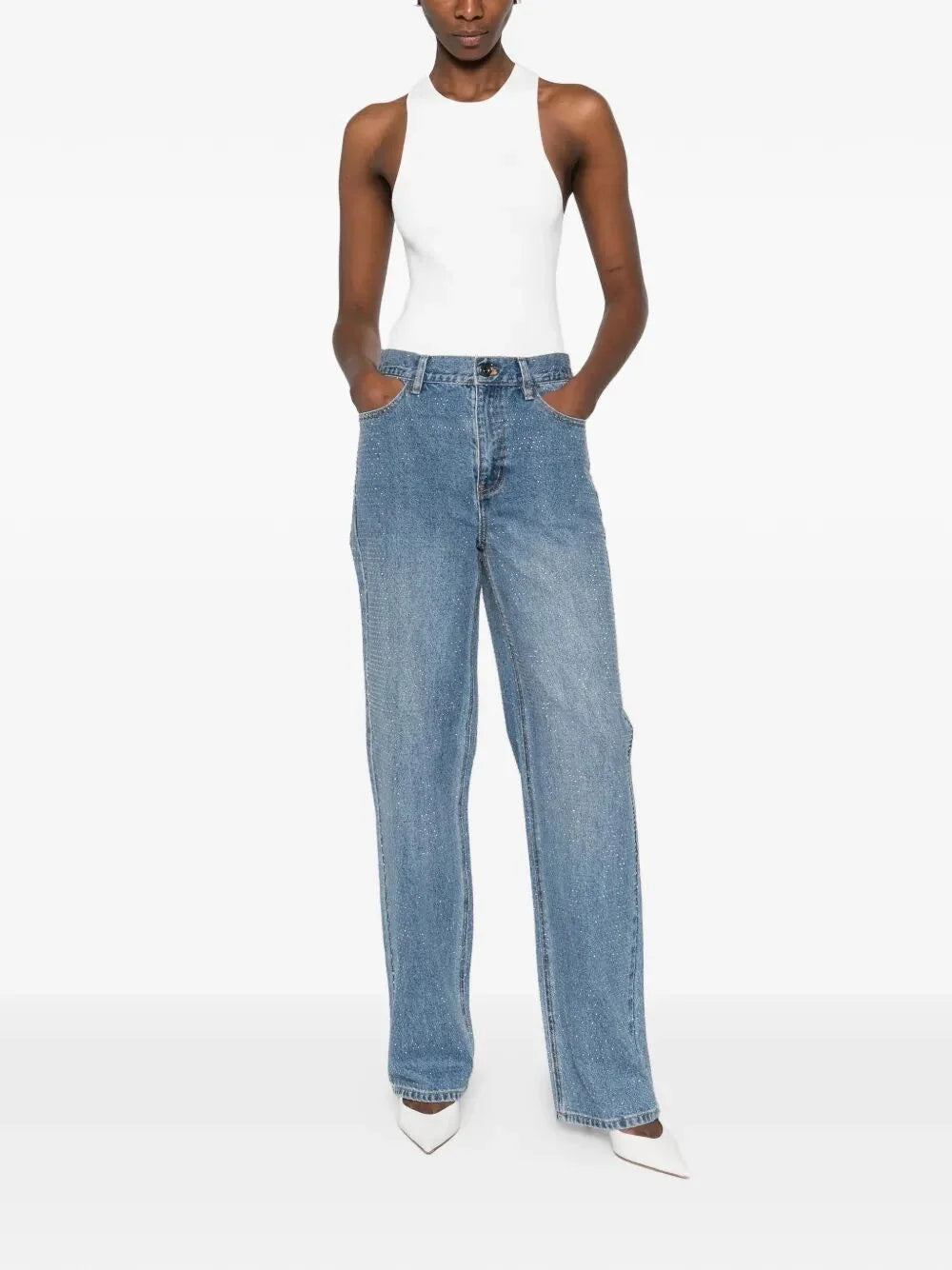 Self-Portrait Women Rhinestone Denim Straight Leg Jeans