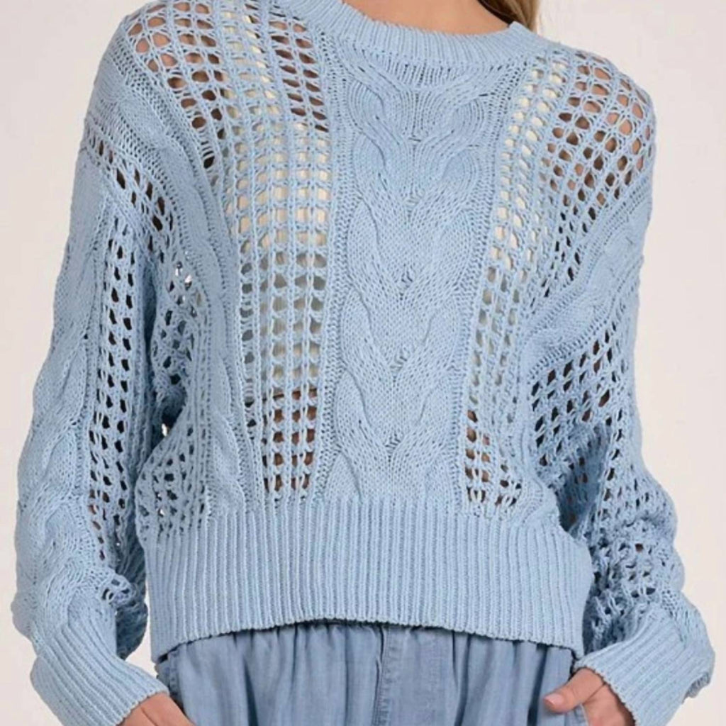 Open Knit Crewneck Sweater In Light Blue