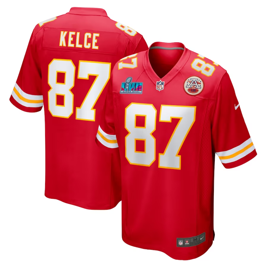 Men's Kansas City Chiefs Travis Kelce #87 Red Super Bowl LVII Patch Game Jersey1