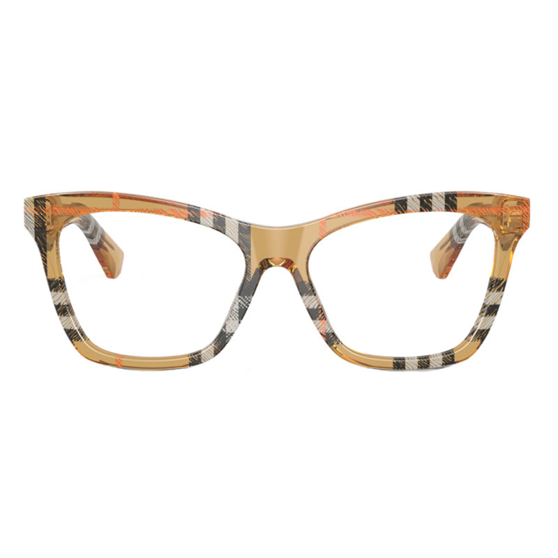 Burberry Eyeglasses Cat Eye Full Rim, Top Black On Vintage Check Frame And Clear Demo Lenses Lens Be24164121