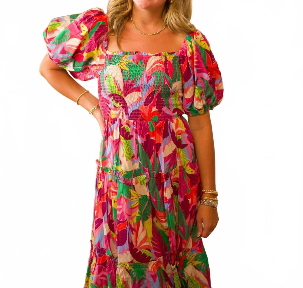 Square Neck Midi Dress In Pink Multi
