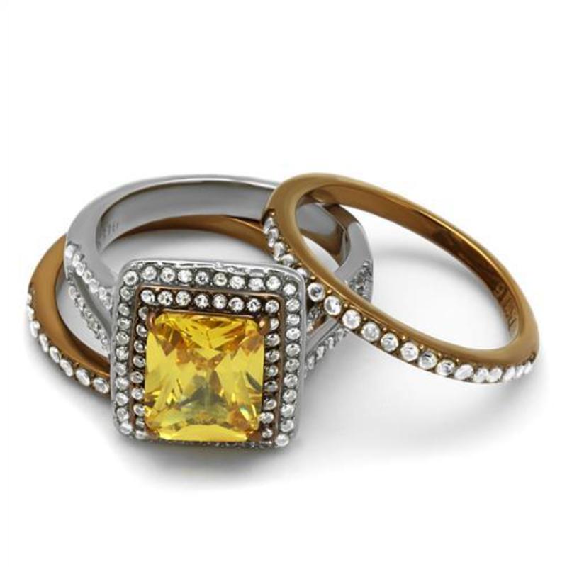 Two Tone IP Light Brown (IP Light coffee) Stainless Steel Ring with AAA Grade CZ in Topaz