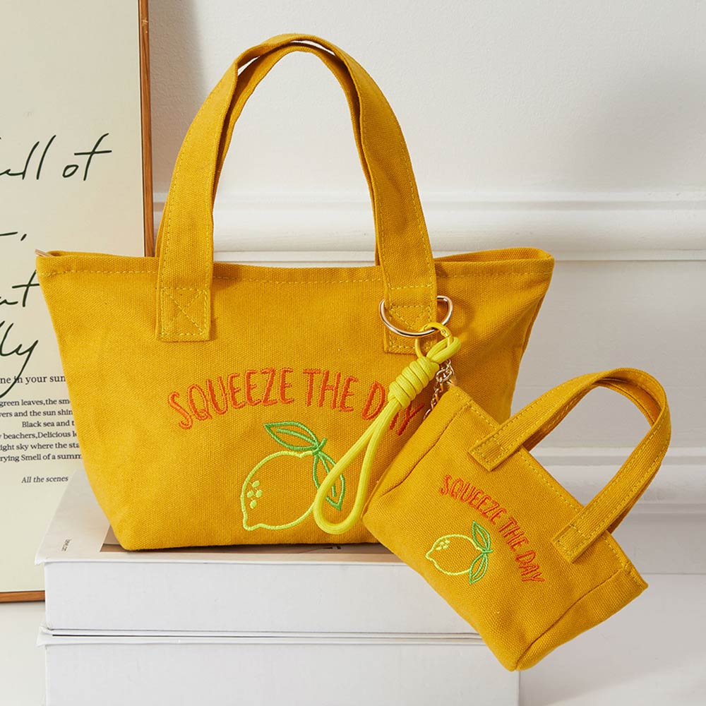 Squeeze Day Lemon Embroidered Small Canvas Tote Bag