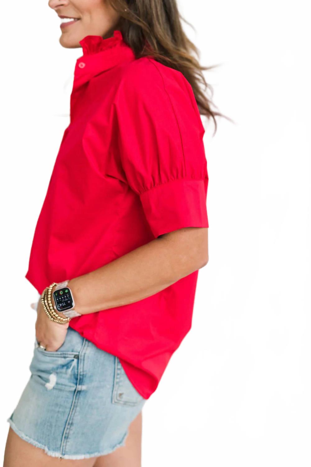 Women's Short Sleeve Ruffle Shirt In Red