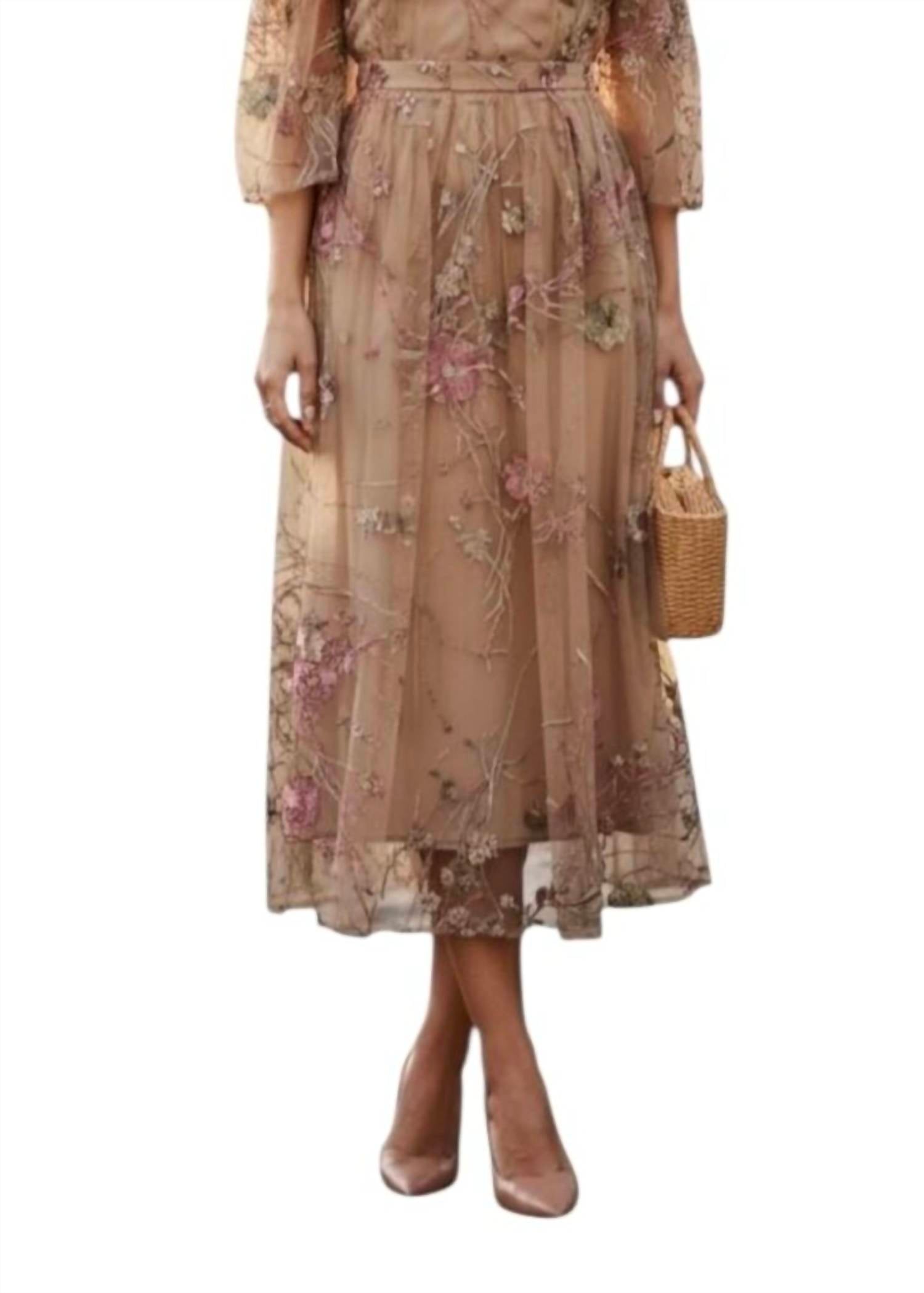 Sheer Floral Embroidered Midi Dress In Tan
