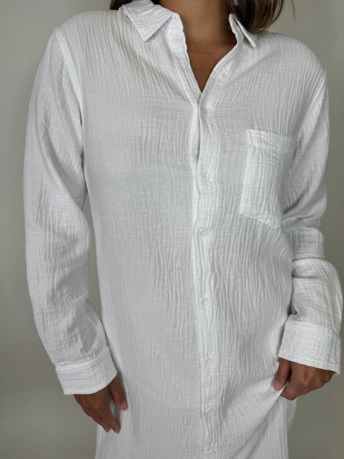 Button Front Maxi Shirt Dress In White