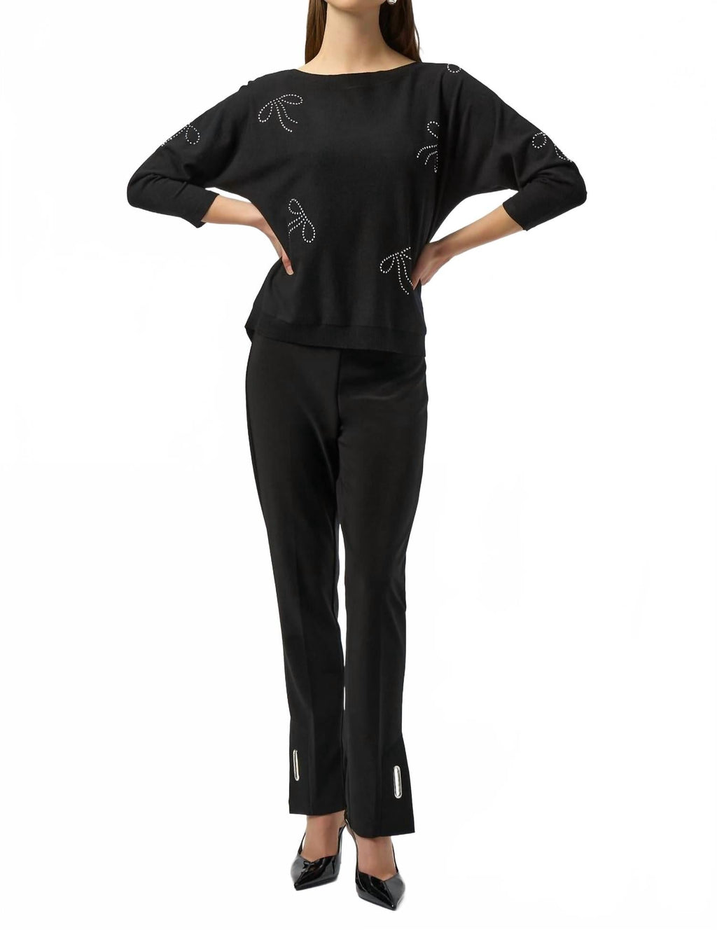 Pullover With Iron-On Bow Detail Top In Black