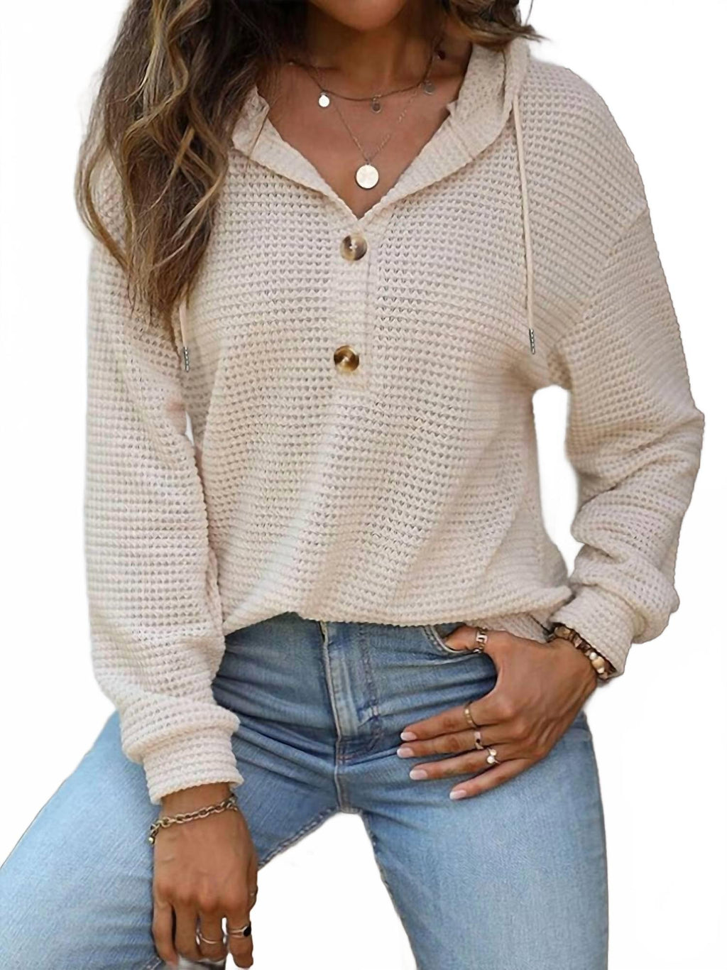 Waffle Button-Up Hoodie Pullover In Apricot