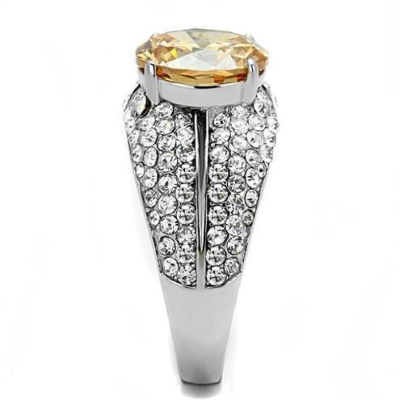 High polished (no plating) Stainless Steel Ring with AAA Grade CZ in Champagne