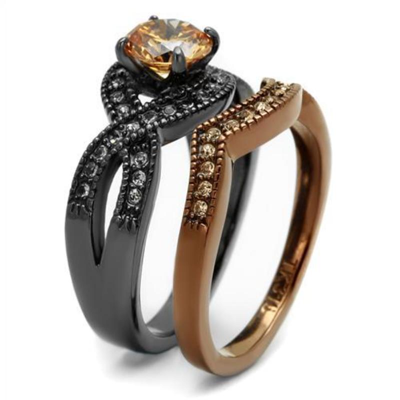IP Light Black & IP Light coffee Stainless Steel Ring with AAA Grade CZ in Champagne