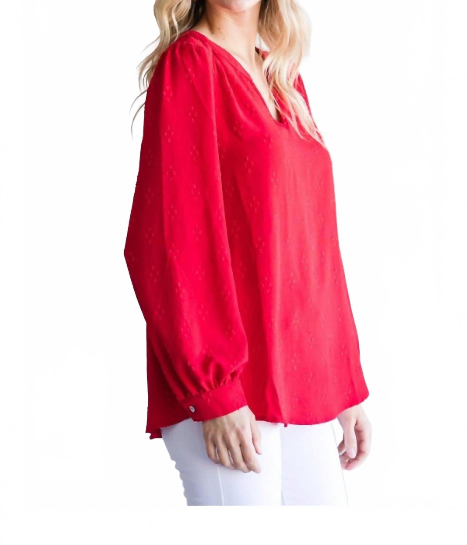 Textured Top With A Collarless Neckline & Long Bubble Sleeves In Tomato Red