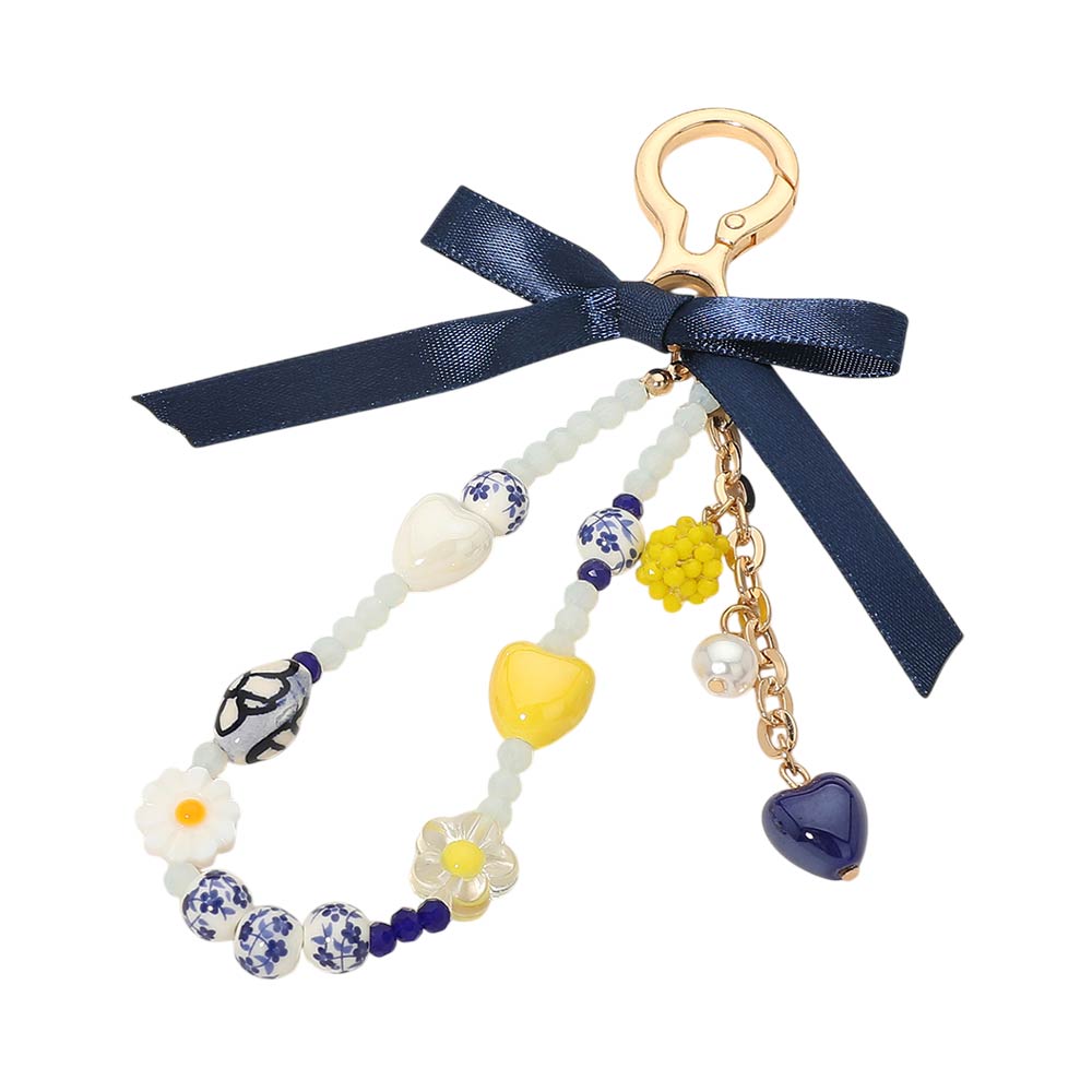 Bow Accent Floral Heart Pearl Ceramic Ball Beaded Keychain Bag Charm