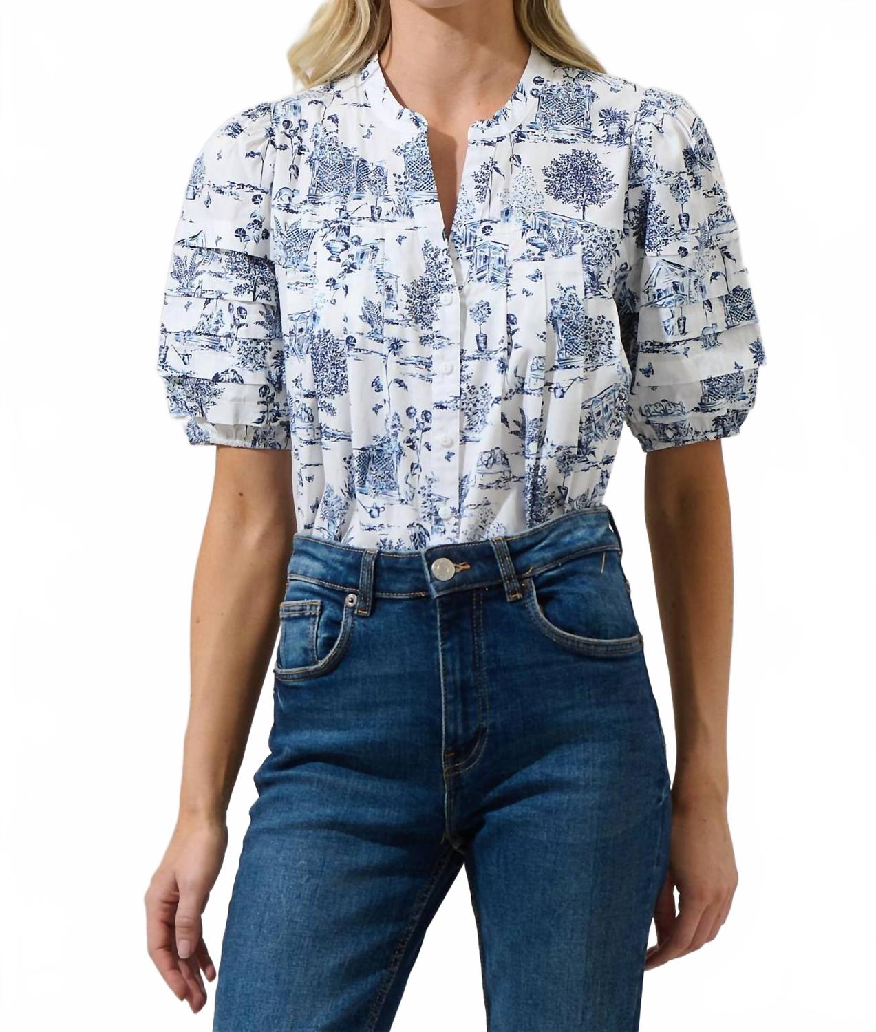Renzo Toile Court Button Down Top In Blue