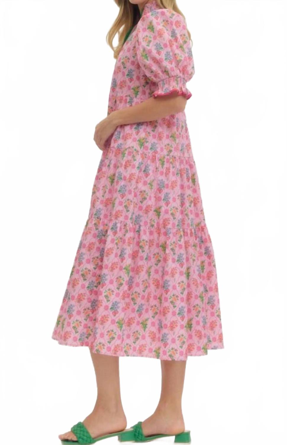 Floral Print Puff Sleeve Midi Dress In Pink Multi