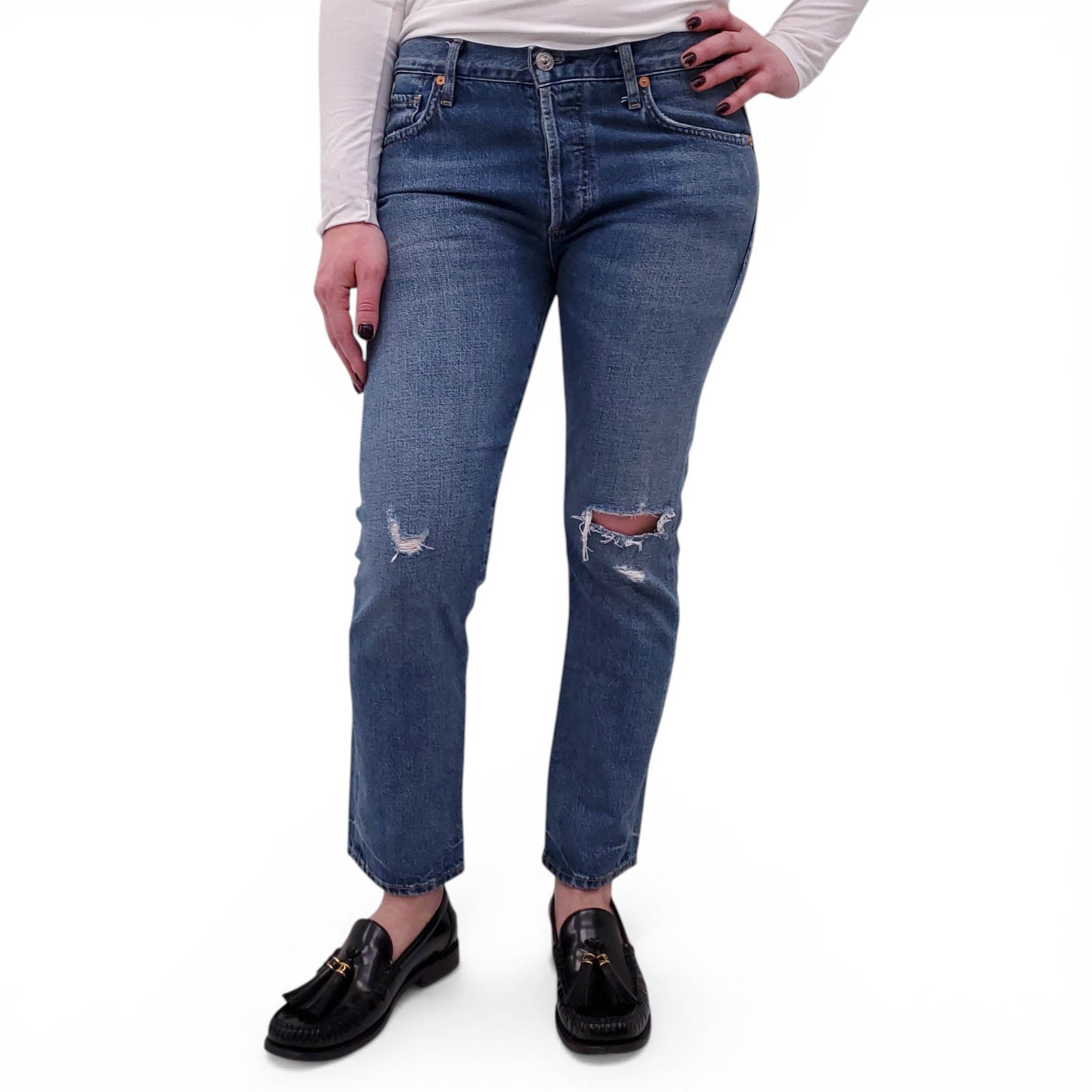 CITIZENS OF HUMANITY 'EMERSON' DISTRESSED BLUE SKINNY JEANS - SIZE 26