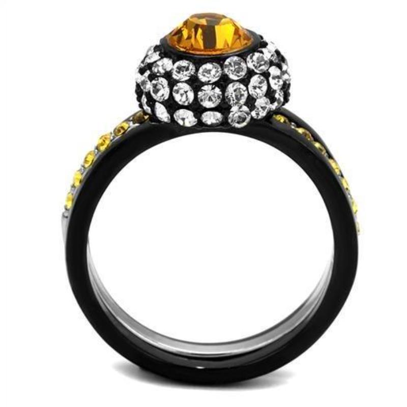Two-Tone IP Black (Ion Plating) Stainless Steel Ring with Top Grade Crystal in Topaz