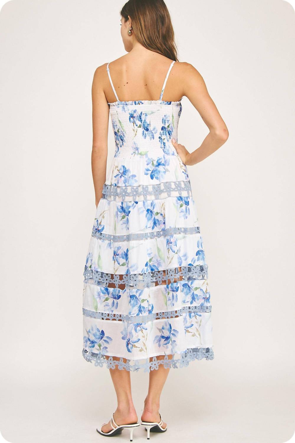 Floral Print Smocked Lace Trim Midi Dress In Blue Multi