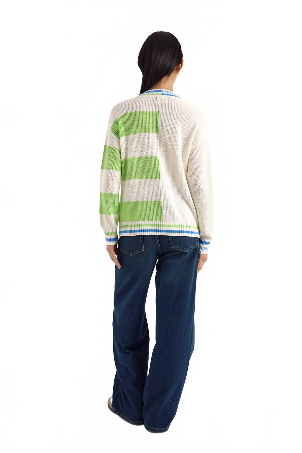 Valerie Stripe V-Neck Sweater In Ivory/green