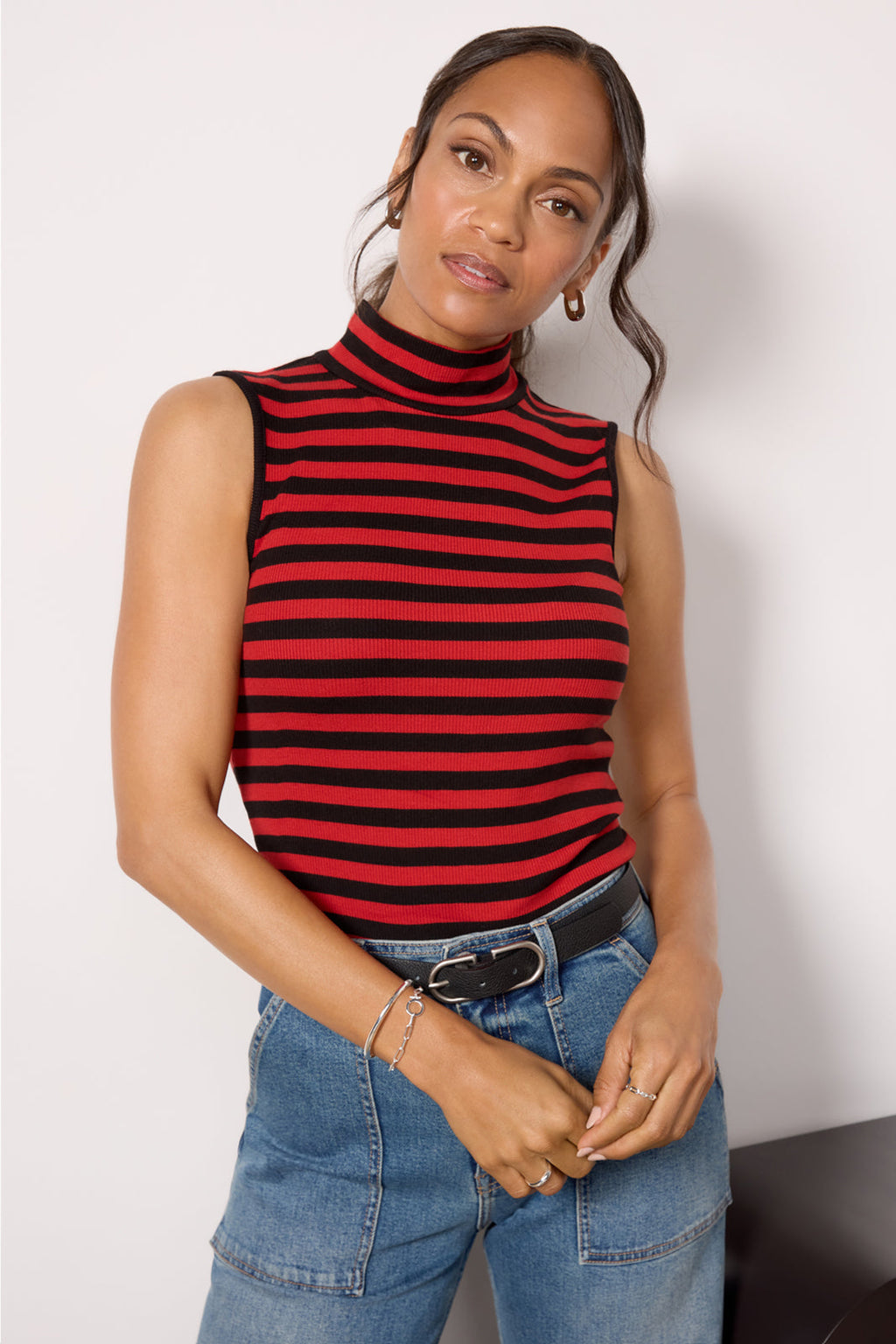 Women's Essential Stripe Sleeveless Mock Neck Top