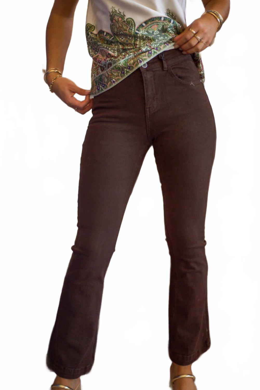 Skinny Flared Jeans With Double Button Detail In Brown