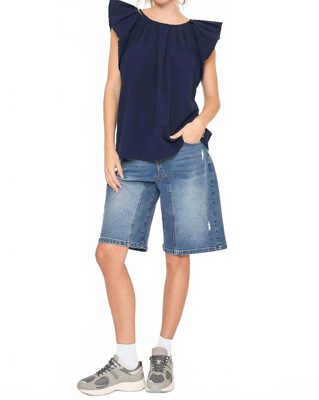 Flutter Sleeve Pleated Crew Neck Blouse In Navy