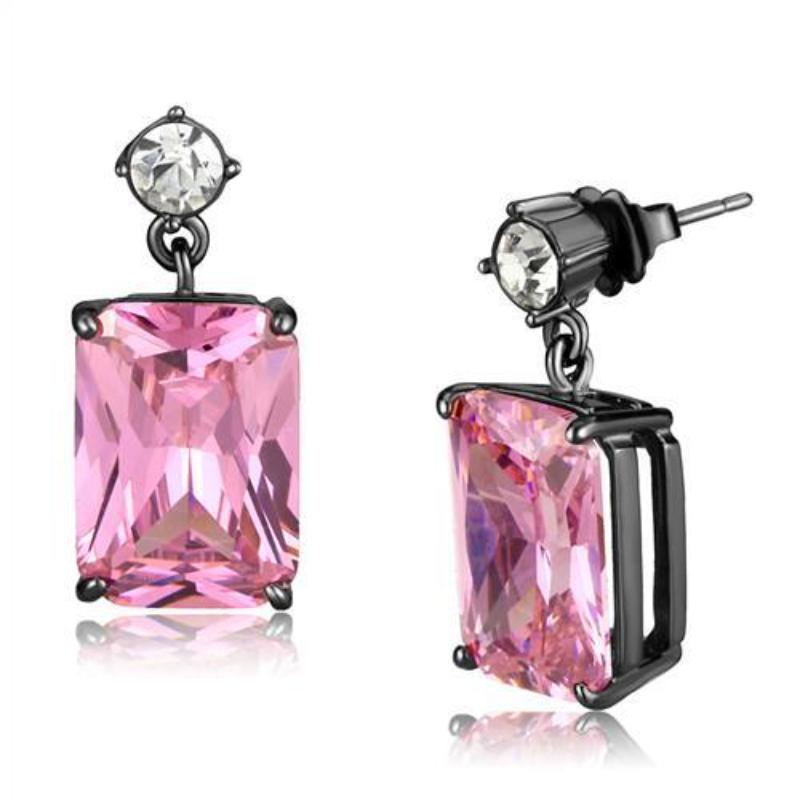 IP Light Black Stainless Steel Earrings with AAA Grade CZ in Rose