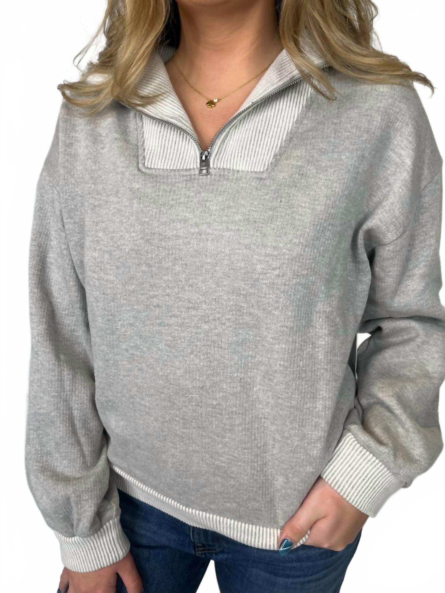 Mix Knit Henley Zip Sweatshirt In Grey