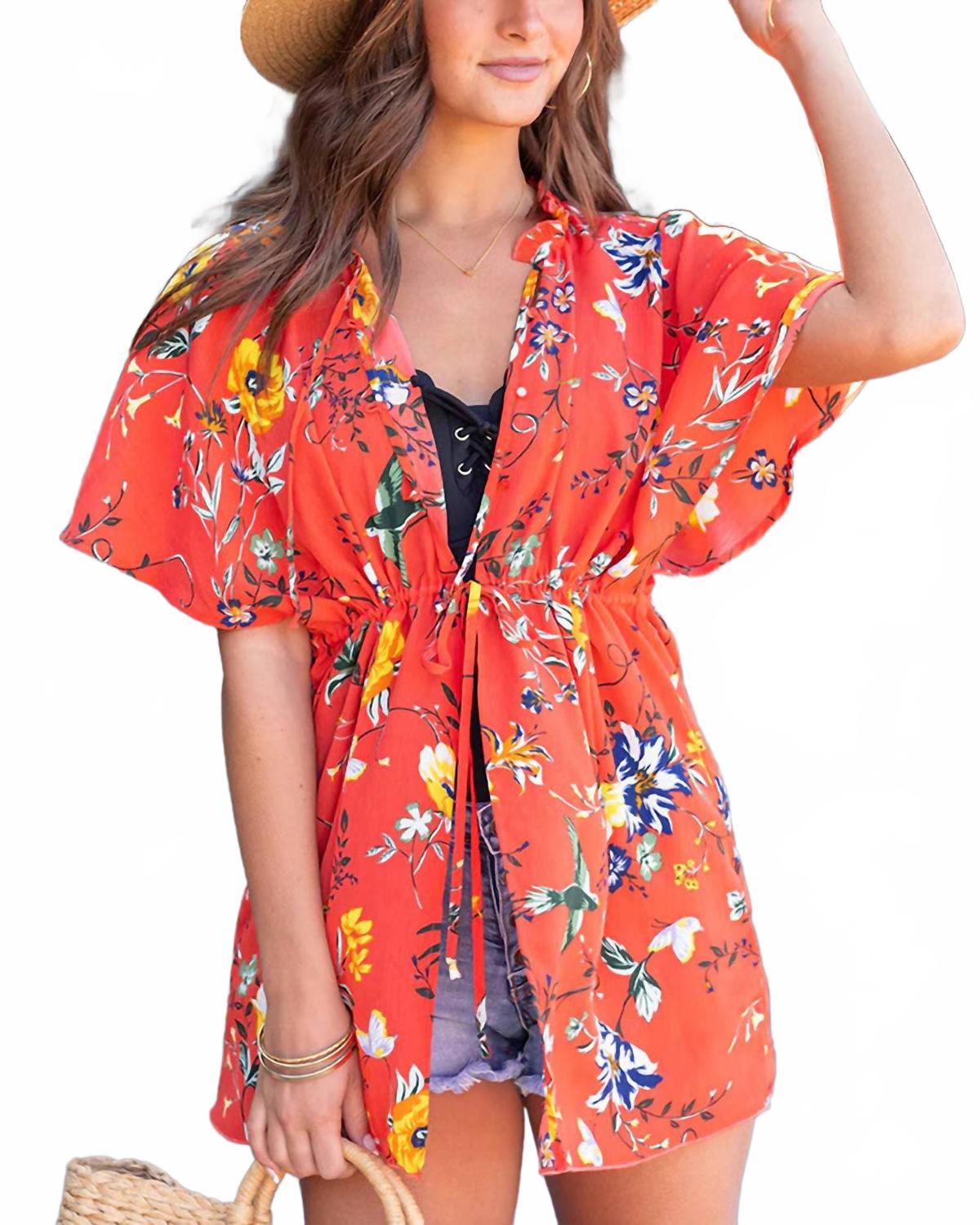 Cover Up Kimono In Coral Floral
