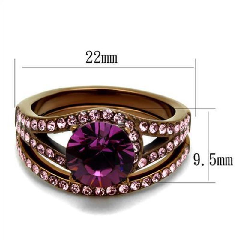 IP Coffee light Stainless Steel Ring with Top Grade Crystal in Amethyst