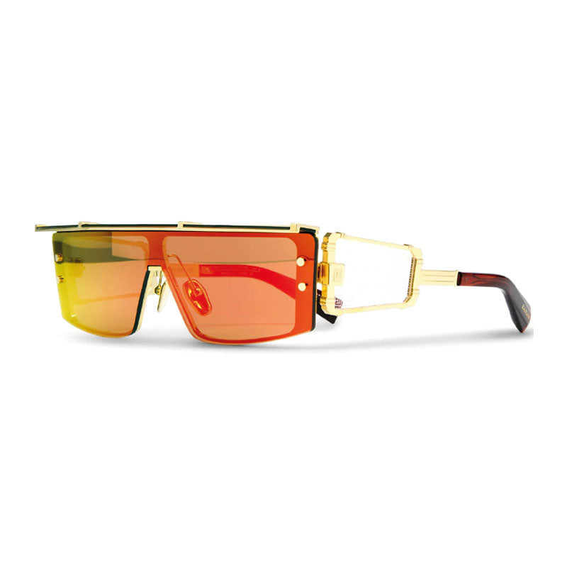 Balmain Sunglasses Square Semi Rim, Gold/red Swirl Frame And Dark Brown Red Mirror Ar Lens Bps-127C