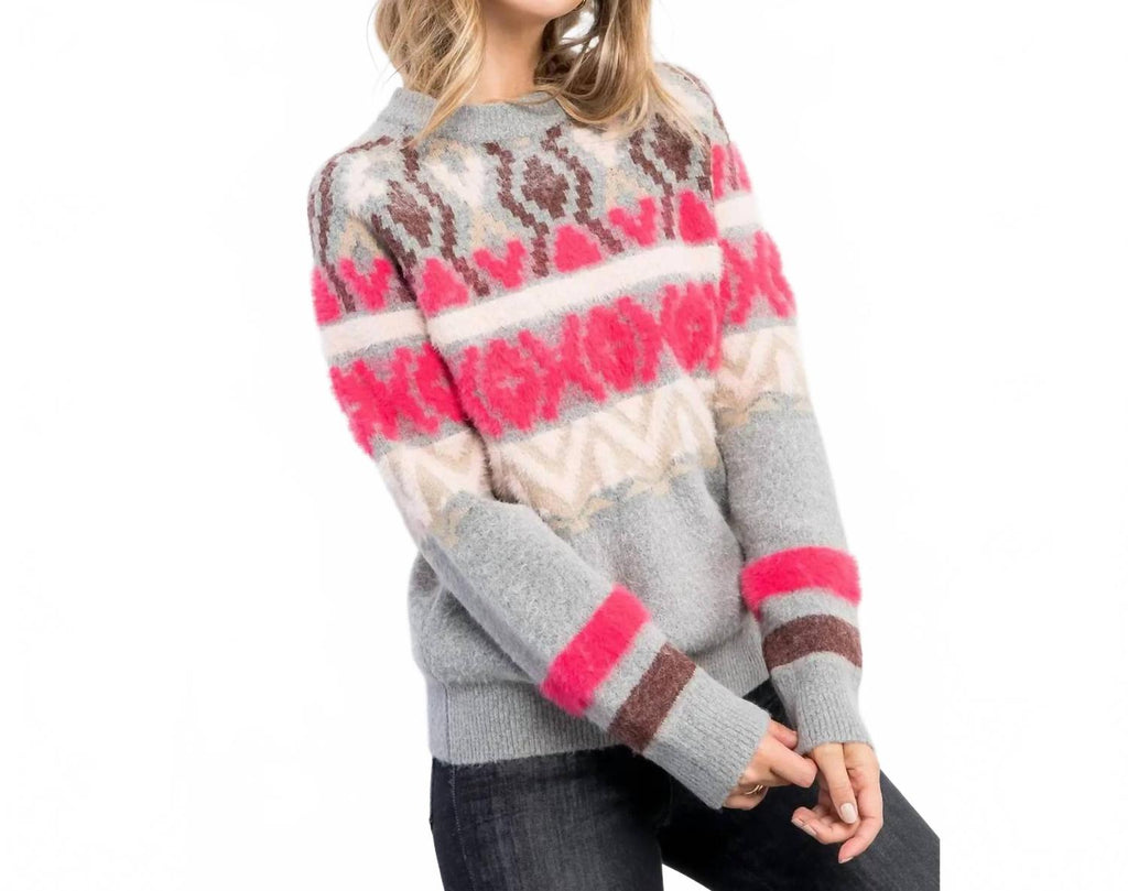 Fair Isle Mohair Knit Sweater In Pink/grey