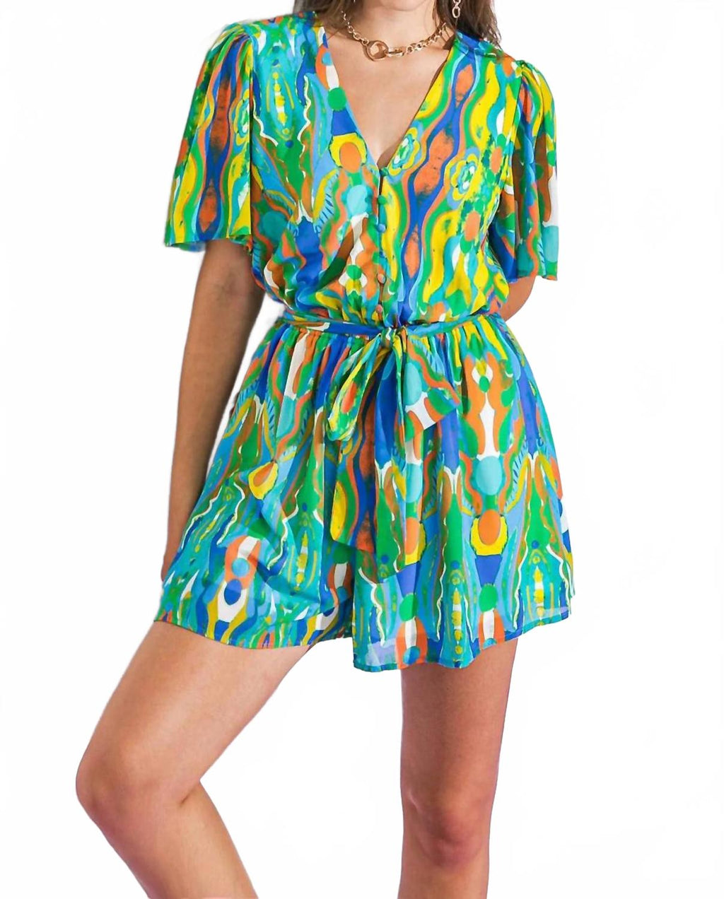 Belted Woven Romper In Blue Multi