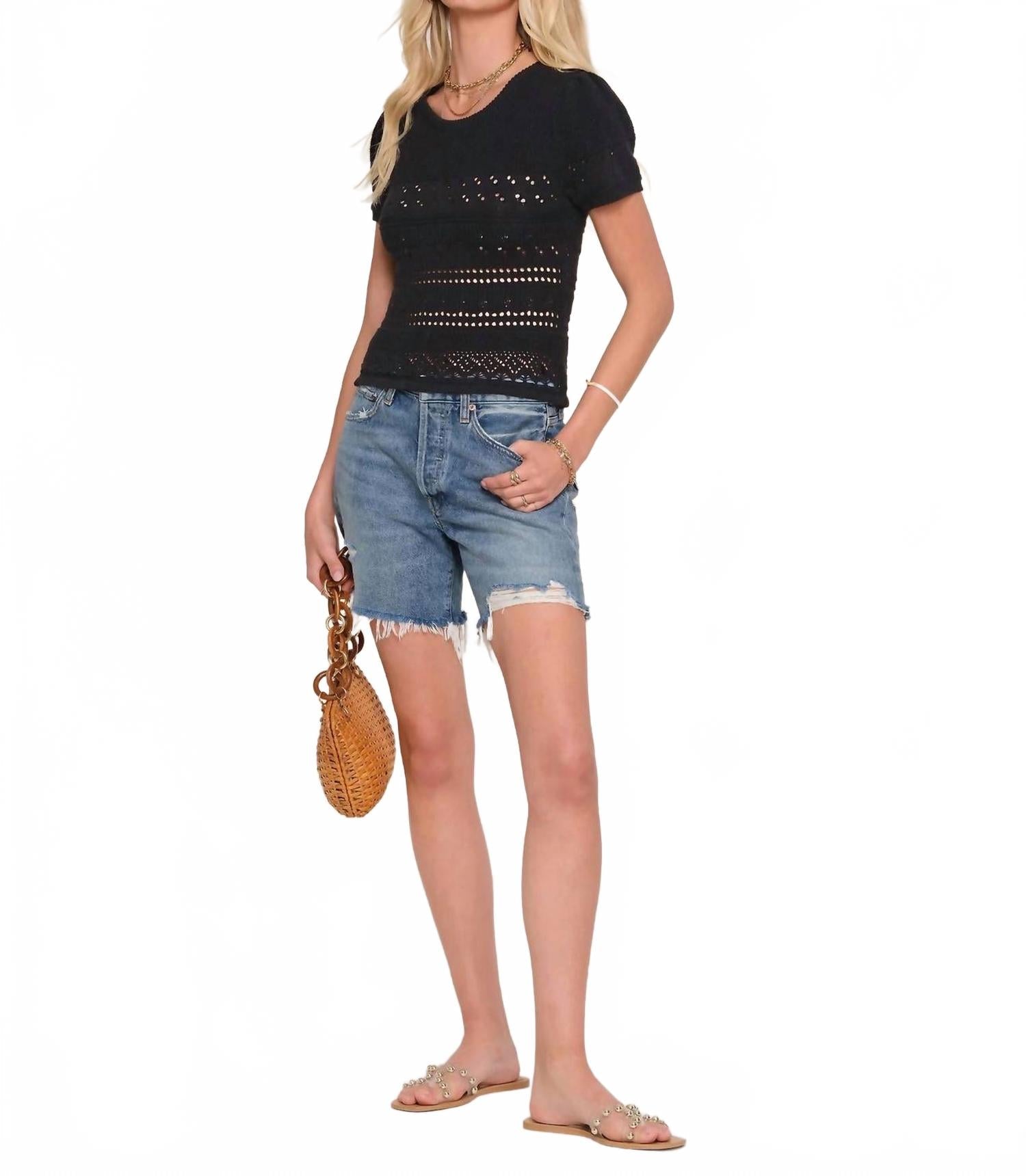 Rye Pointelle Slim Top In Black